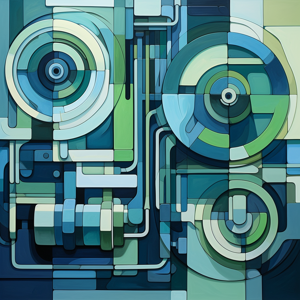 Abstract representation of an HVAC air trap in a cubist style, using various shades of blue