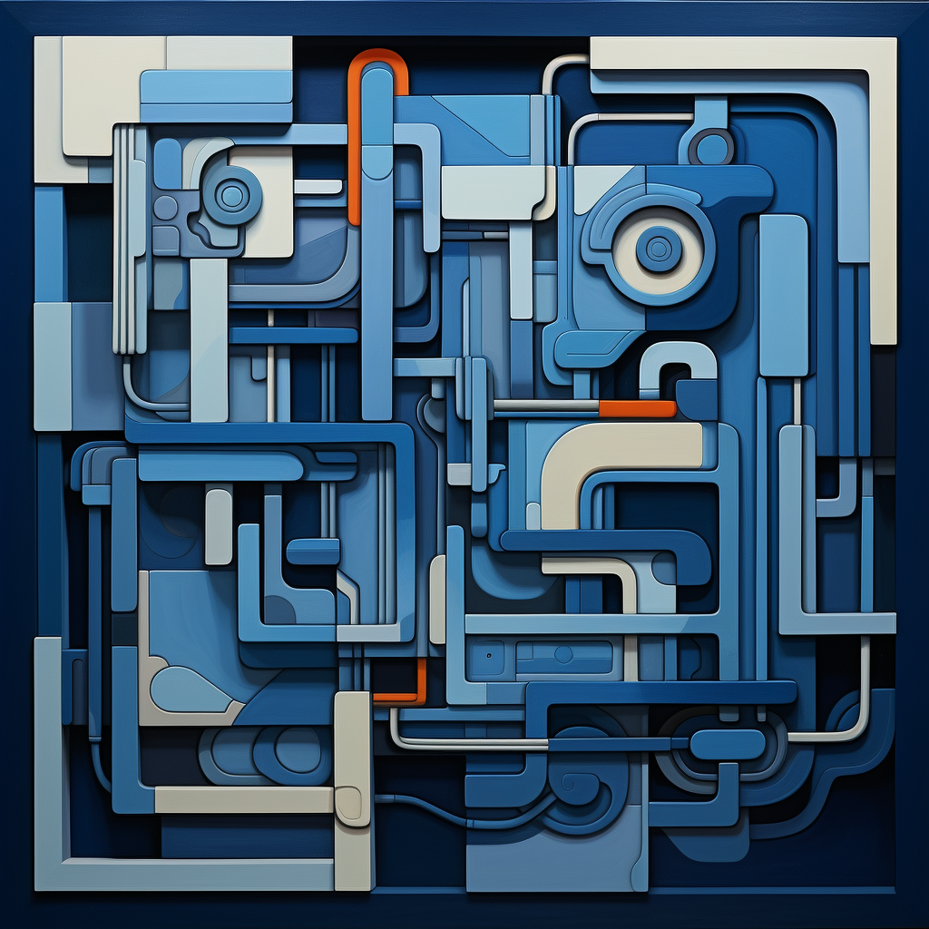Abstract representation of an HVAC air trap in a cubist style, using various shades of blue