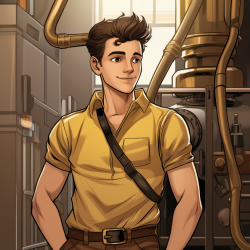 Archie comic art style inspired illustration of an HVAC belly band in gold and brown hues