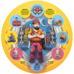 Cartoon-styled diagram explaining the 4 Phases Of Planned HVAC Maintenance, using primary colors