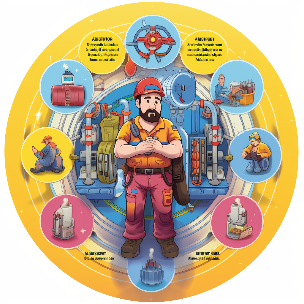Cartoon-styled diagram explaining the 4 Phases Of Planned HVAC Maintenance, using primary colors