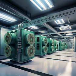 Commercial HVAC design depicted in a modern, geometric art style with green and blue tones