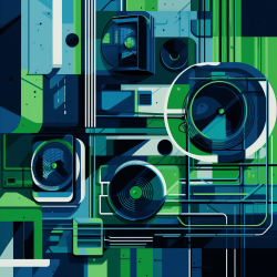 Commercial HVAC design depicted in a modern, geometric art style with green and blue tones