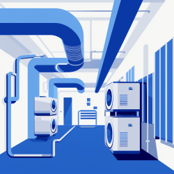 Minimalist illustration of a basement with HVAC system in blue and white shades