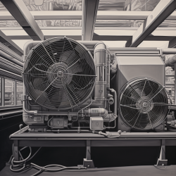 Realistic, highly-detailed painting of a hail guard HVAC in grayscale