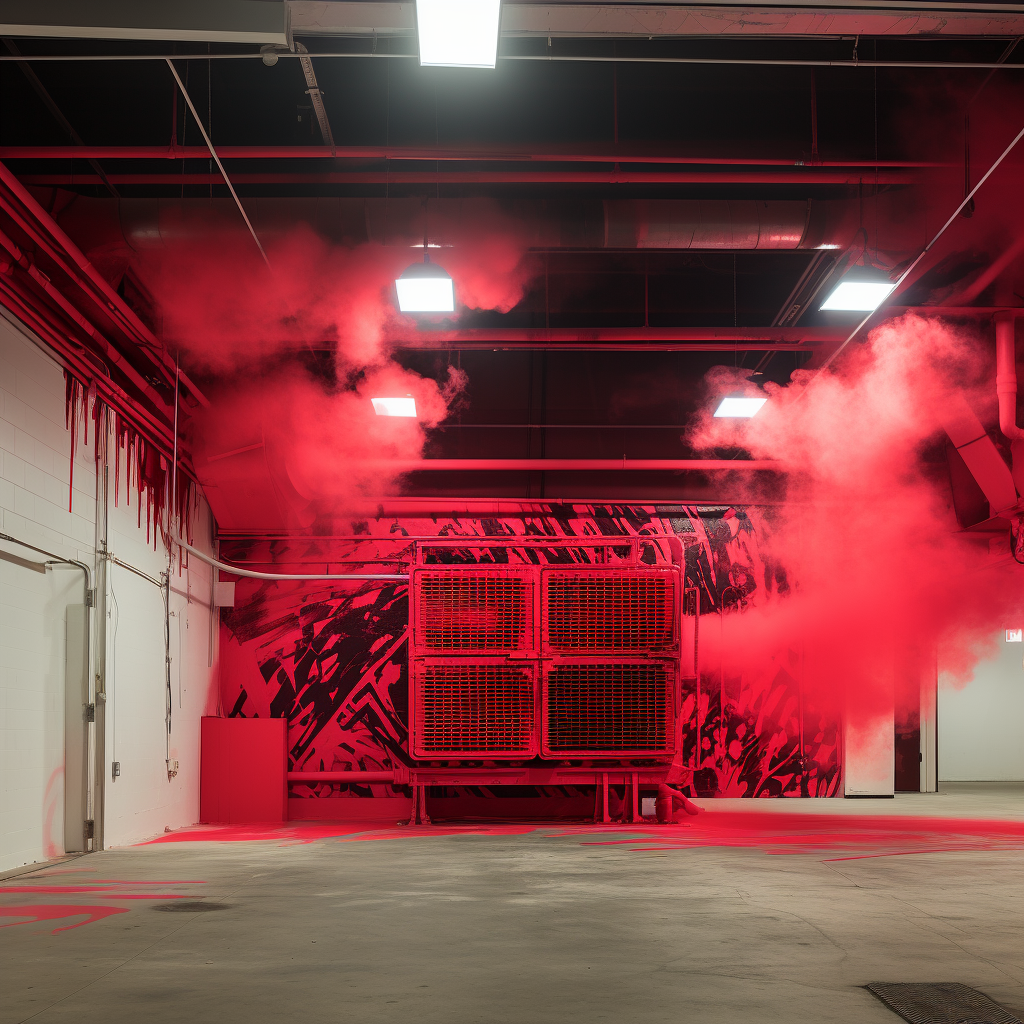 Stencil art of an HVAC duct leak smoke test, utilizing a bold red color scheme