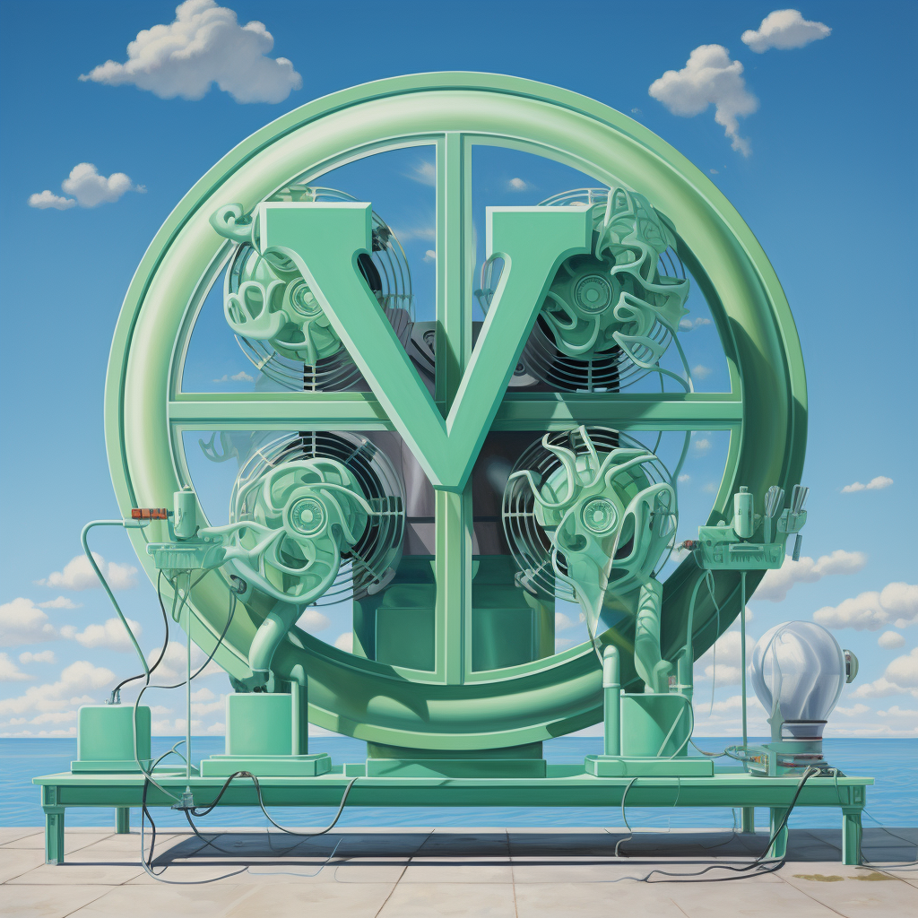 Surrealist representation of 'What Does The V In HVAC Stand For', with a dreamy blue and green color palette
